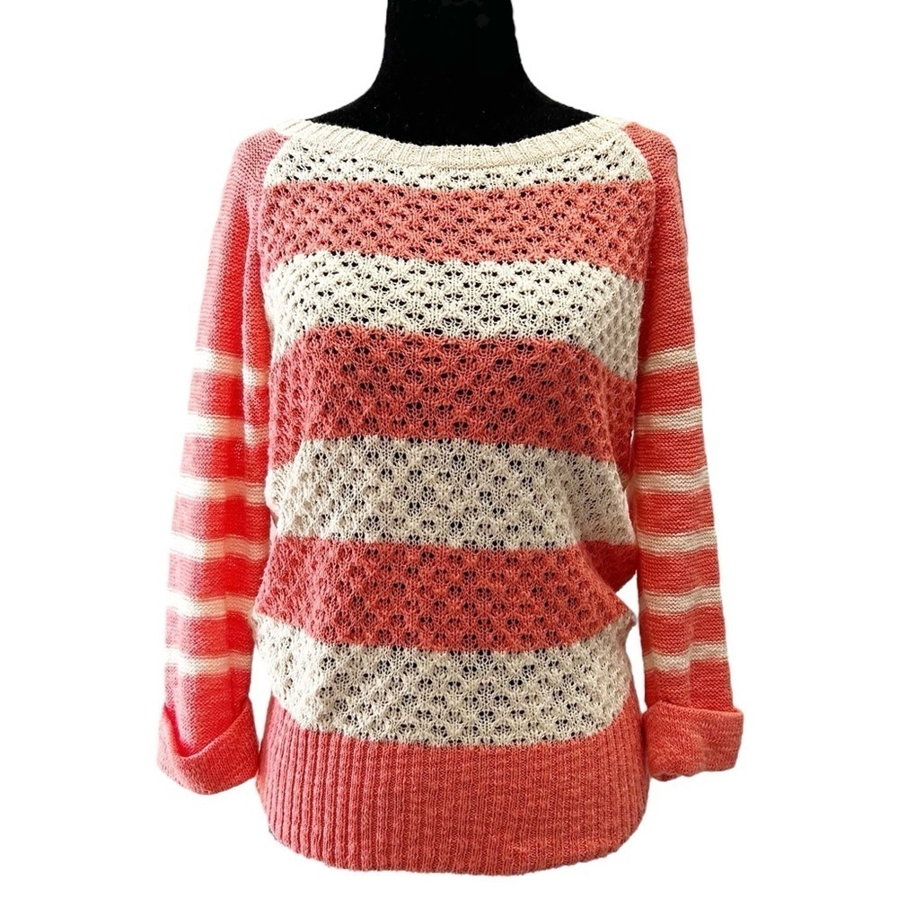 Ricki’s Sweater Lightweight Cotton Open Weave Coral Orange Stripes Size Small - Picture 2 of 15